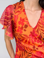 2000s Orange & Red Tropical Floral Flutter-Sleeve Dress - M