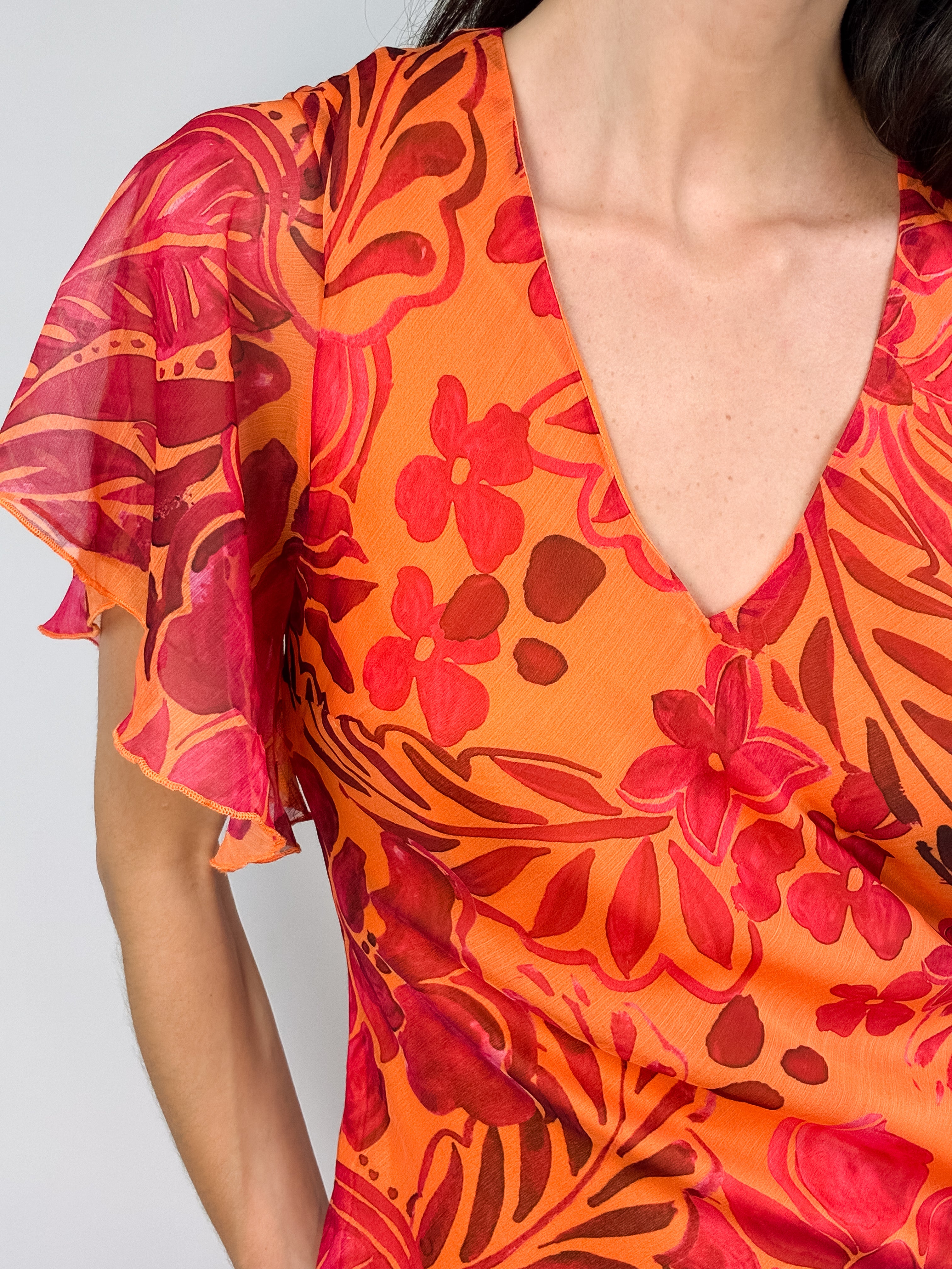 2000s Orange & Red Tropical Floral Flutter-Sleeve Dress - M