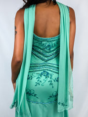 Vintage 2000s Teal Beaded Chiffon Gown with Scarf - XS