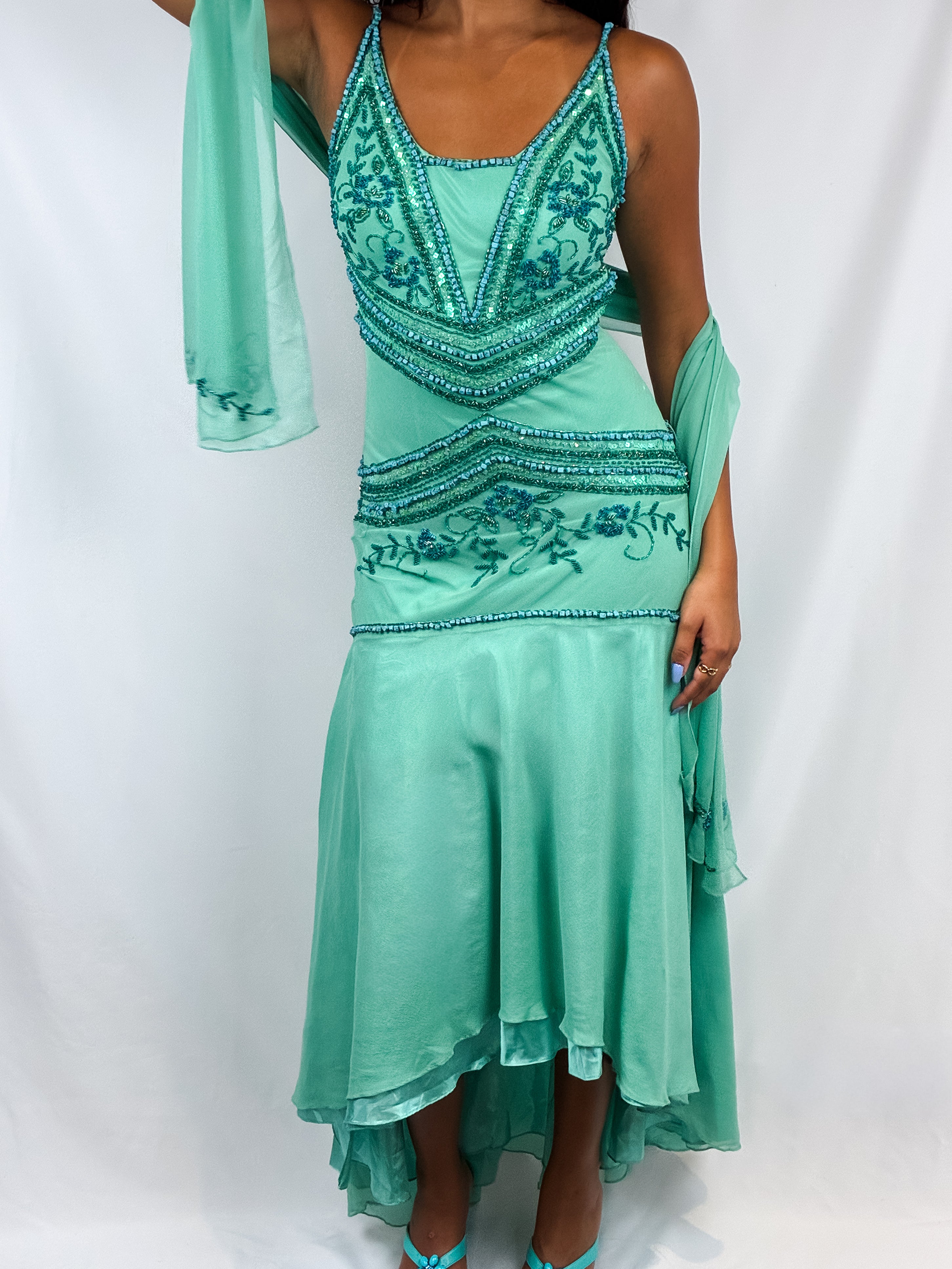 vintage 2000s dress Teal Beaded Chiffon Gown with Scarf US Size:22W 184 cm / 72.5 Diamond White Yuxingfu Black Tie Dresses