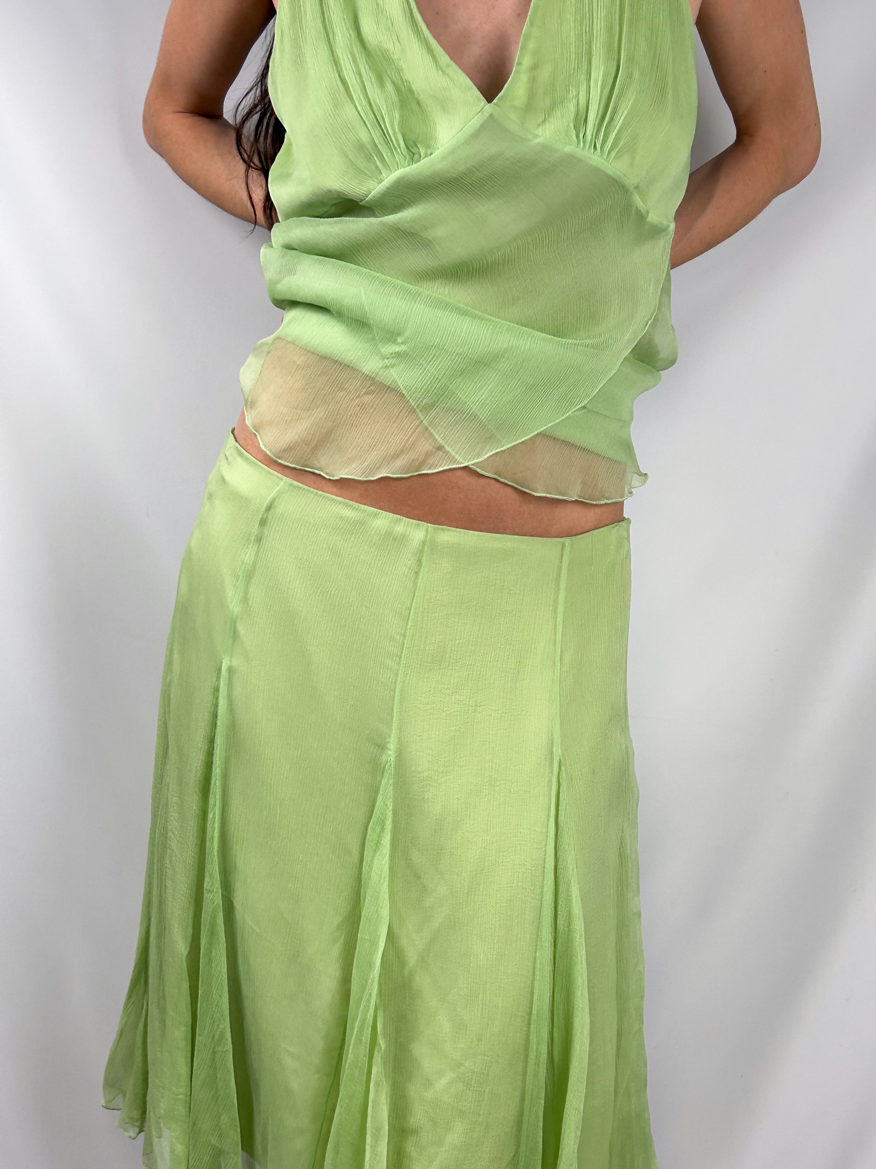 Renato Nucci 2000s Apple Green Silk Chiffon Set - Top / Skirt - M