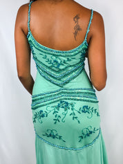 Vintage 2000s Teal Beaded Chiffon Gown with Scarf - XS