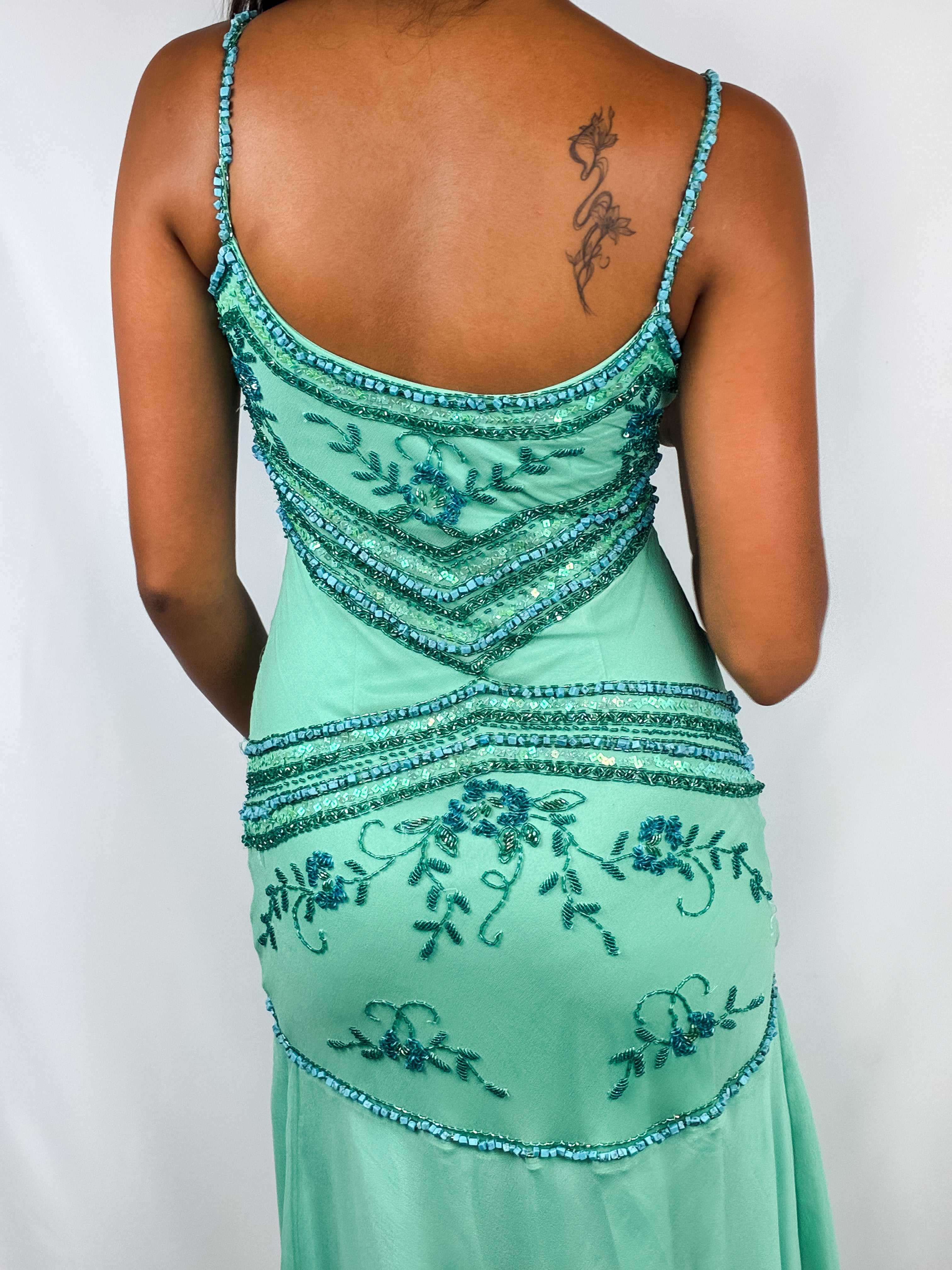 Vintage 2000s Teal Beaded Chiffon Gown with Scarf - XS