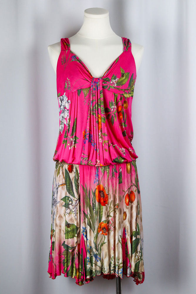 Class Roberto Cavalli 2000s Pink Floral Drop Waist Midi Dress