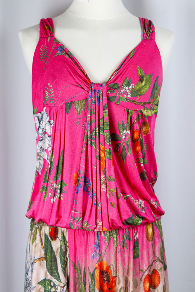 Class Roberto Cavalli 2000s Pink Floral Drop Waist Midi Dress