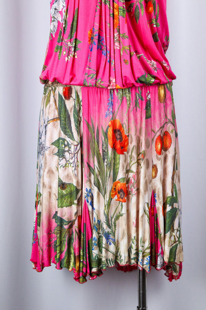 Class Roberto Cavalli 2000s Pink Floral Drop Waist Midi Dress