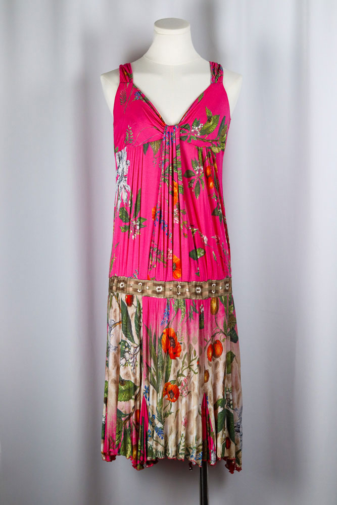 Class Roberto Cavalli 2000s Pink Floral Drop Waist Midi Dress