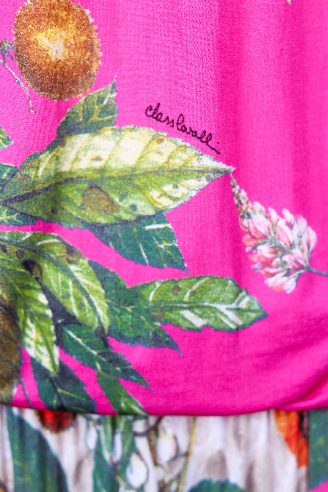 Class Roberto Cavalli 2000s Pink Floral Drop Waist Midi Dress