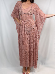 Dusty Rose Crochet Lace Bell Sleeve Maxi Dress - S/M