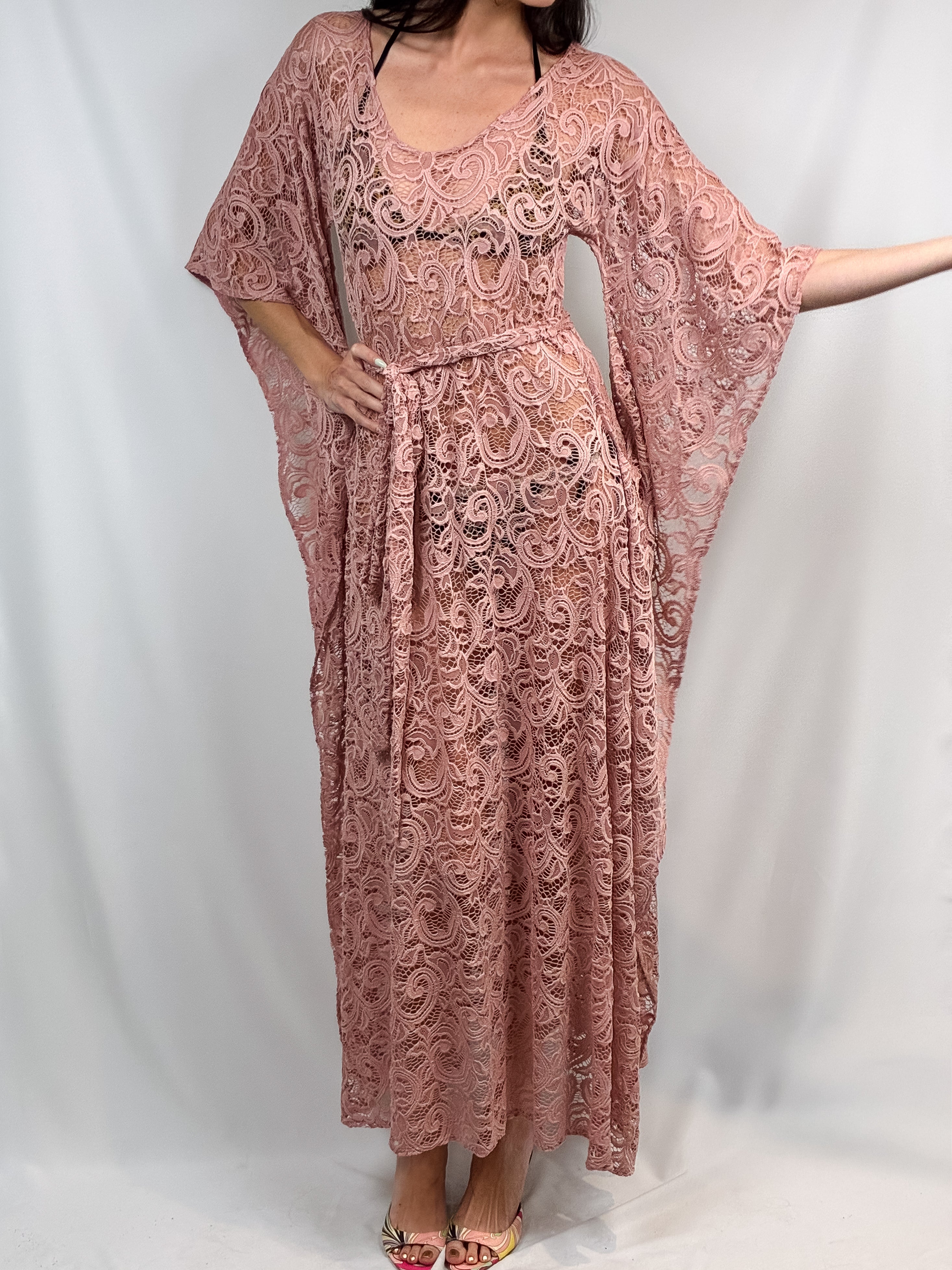 Dusty Rose Crochet Lace Bell Sleeve Maxi Dress - S/M