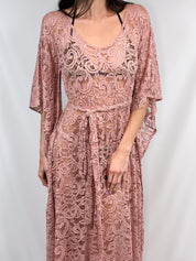 Dusty Rose Crochet Lace Bell Sleeve Maxi Dress - S/M