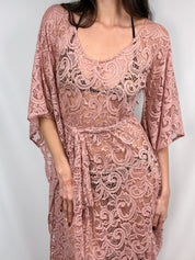 Dusty Rose Crochet Lace Bell Sleeve Maxi Dress - S/M