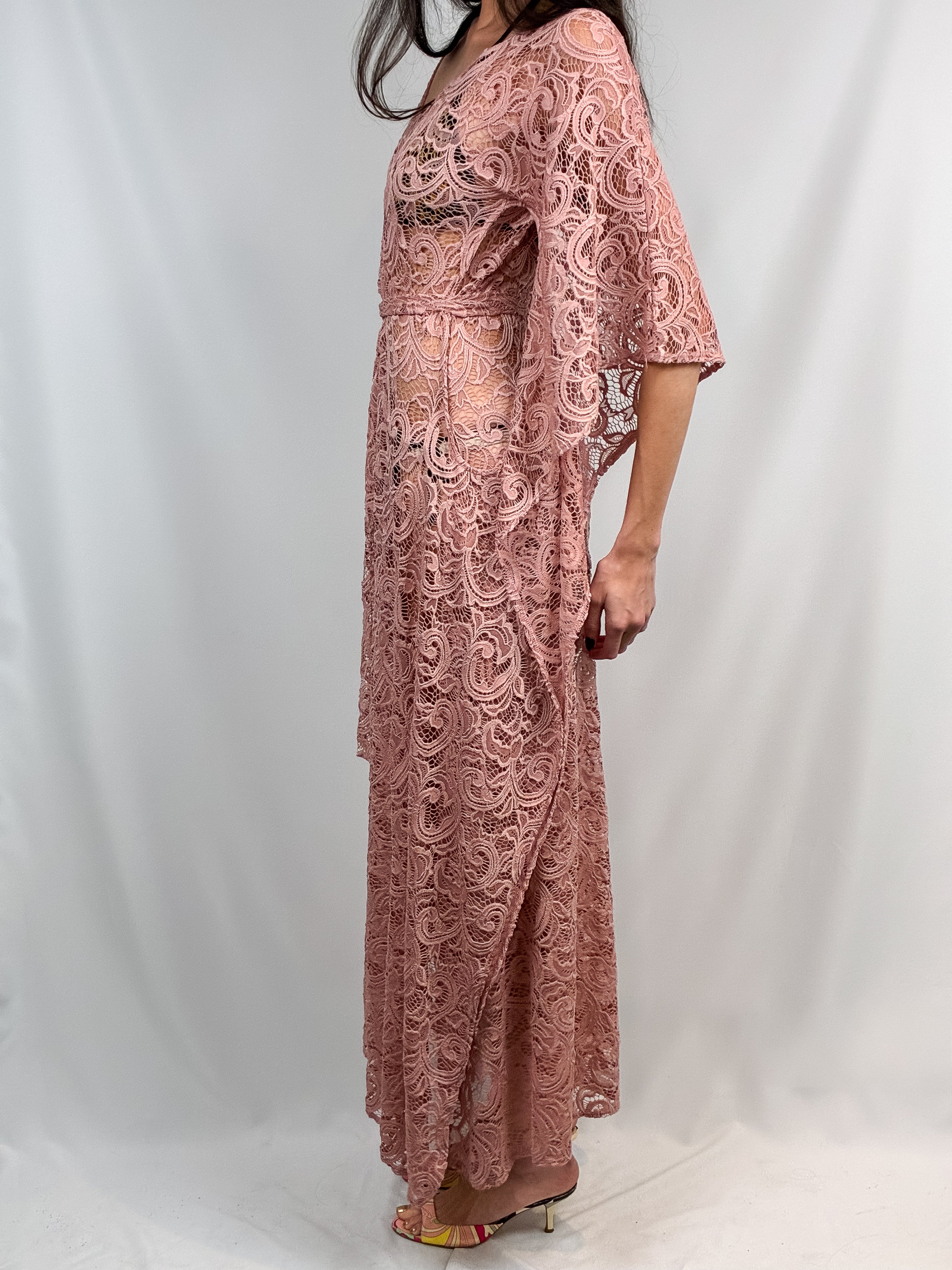 Dusty Rose Crochet Lace Bell Sleeve Maxi Dress - S/M