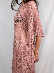 Dusty Rose Crochet Lace Bell Sleeve Maxi Dress - S/M
