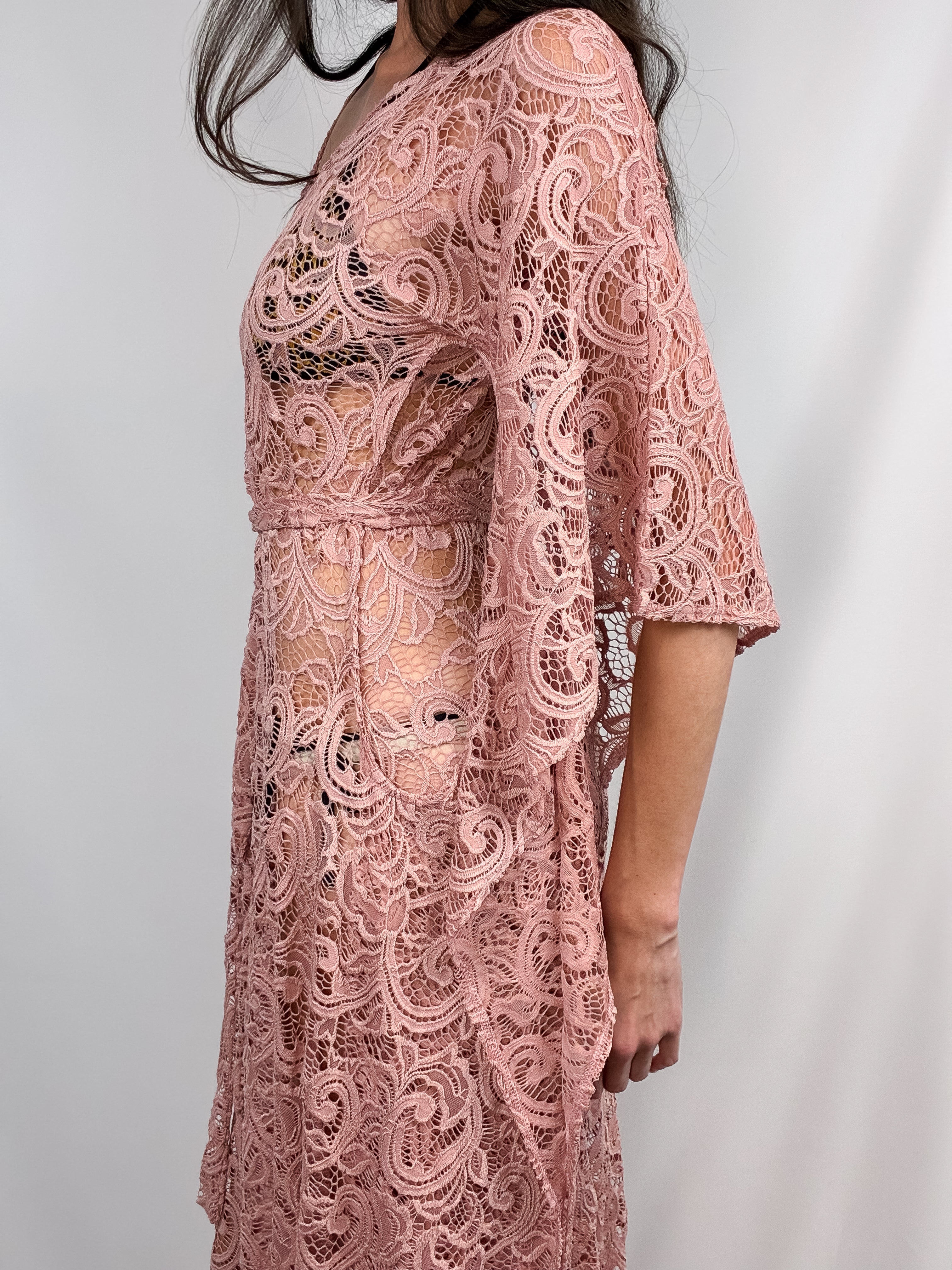 Dusty Rose Crochet Lace Bell Sleeve Maxi Dress - S/M
