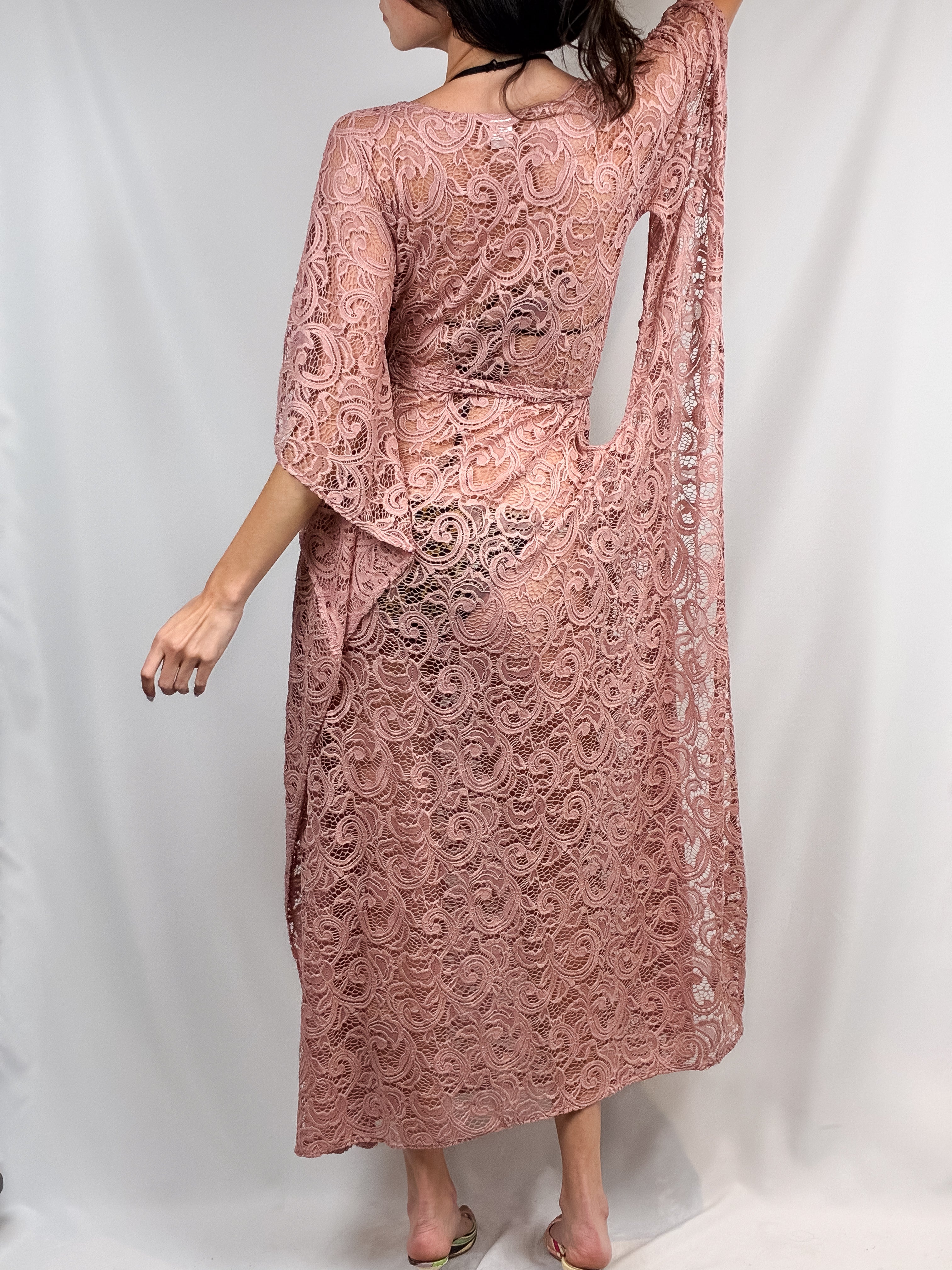 Dusty Rose Crochet Lace Bell Sleeve Maxi Dress - S/M