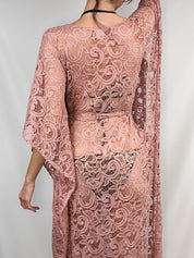 Dusty Rose Crochet Lace Bell Sleeve Maxi Dress - S/M