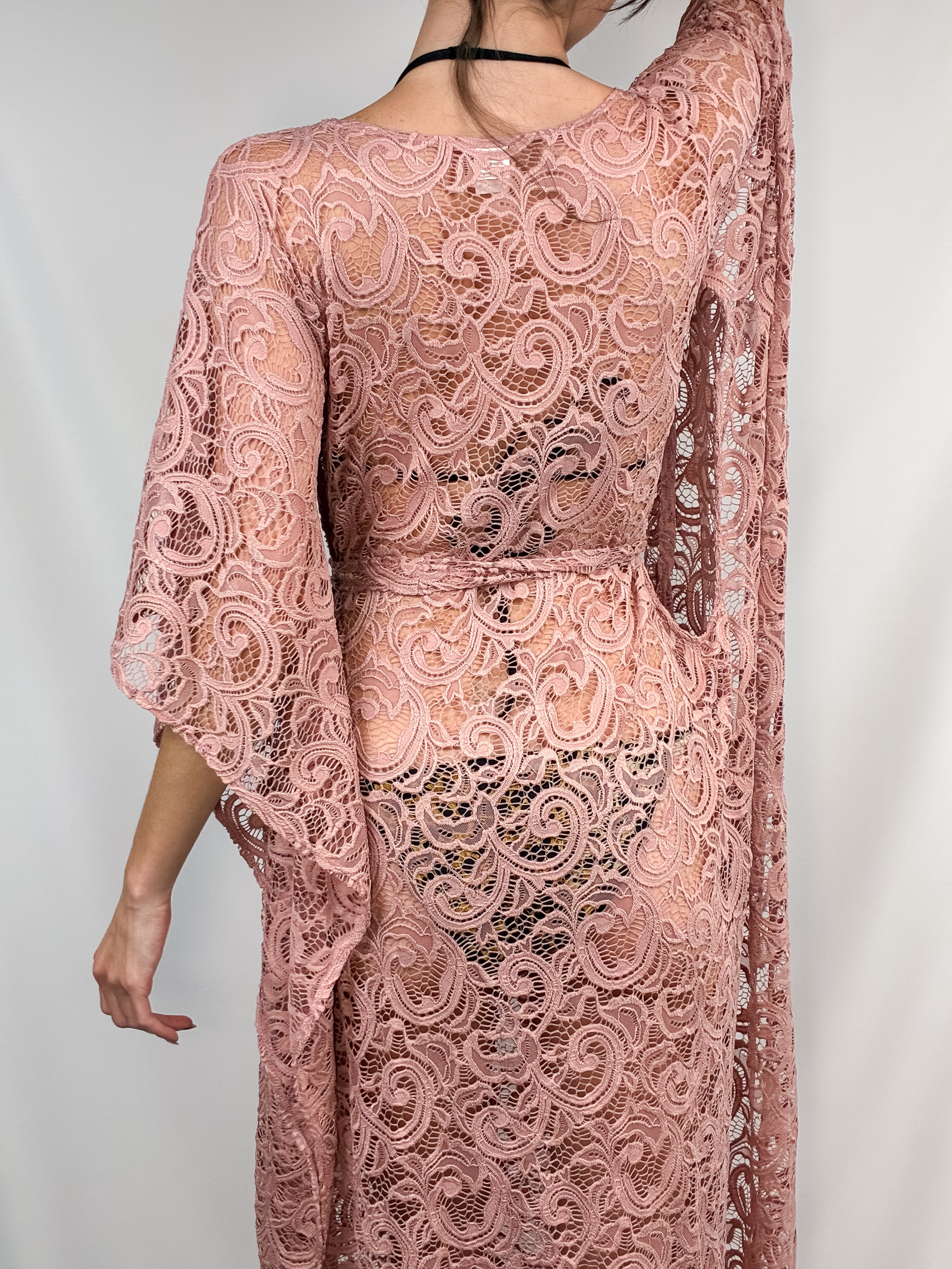 Dusty Rose Crochet Lace Bell Sleeve Maxi Dress - S/M