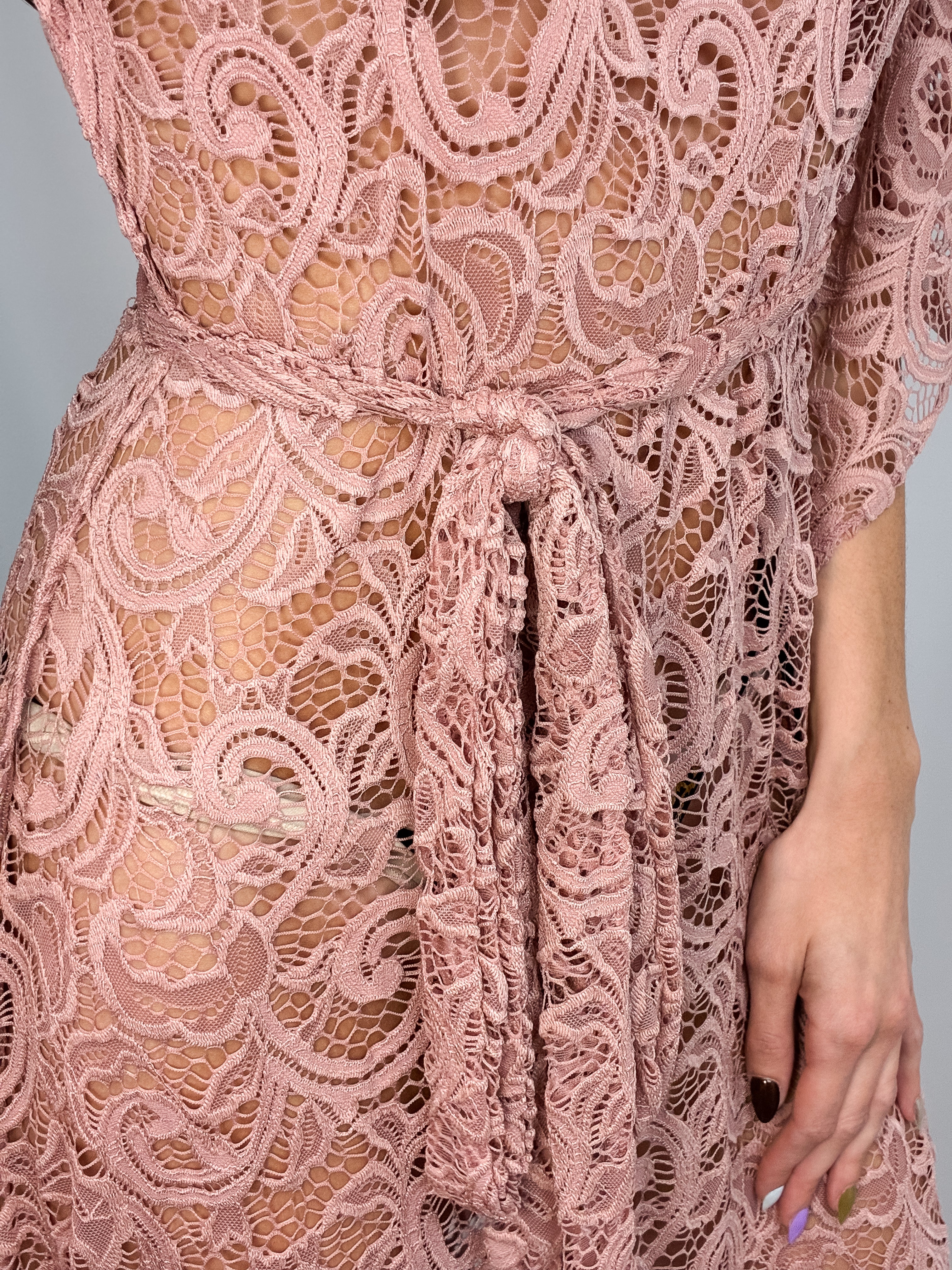 Dusty Rose Crochet Lace Bell Sleeve Maxi Dress - S/M