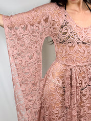 Dusty Rose Crochet Lace Bell Sleeve Maxi Dress - S/M