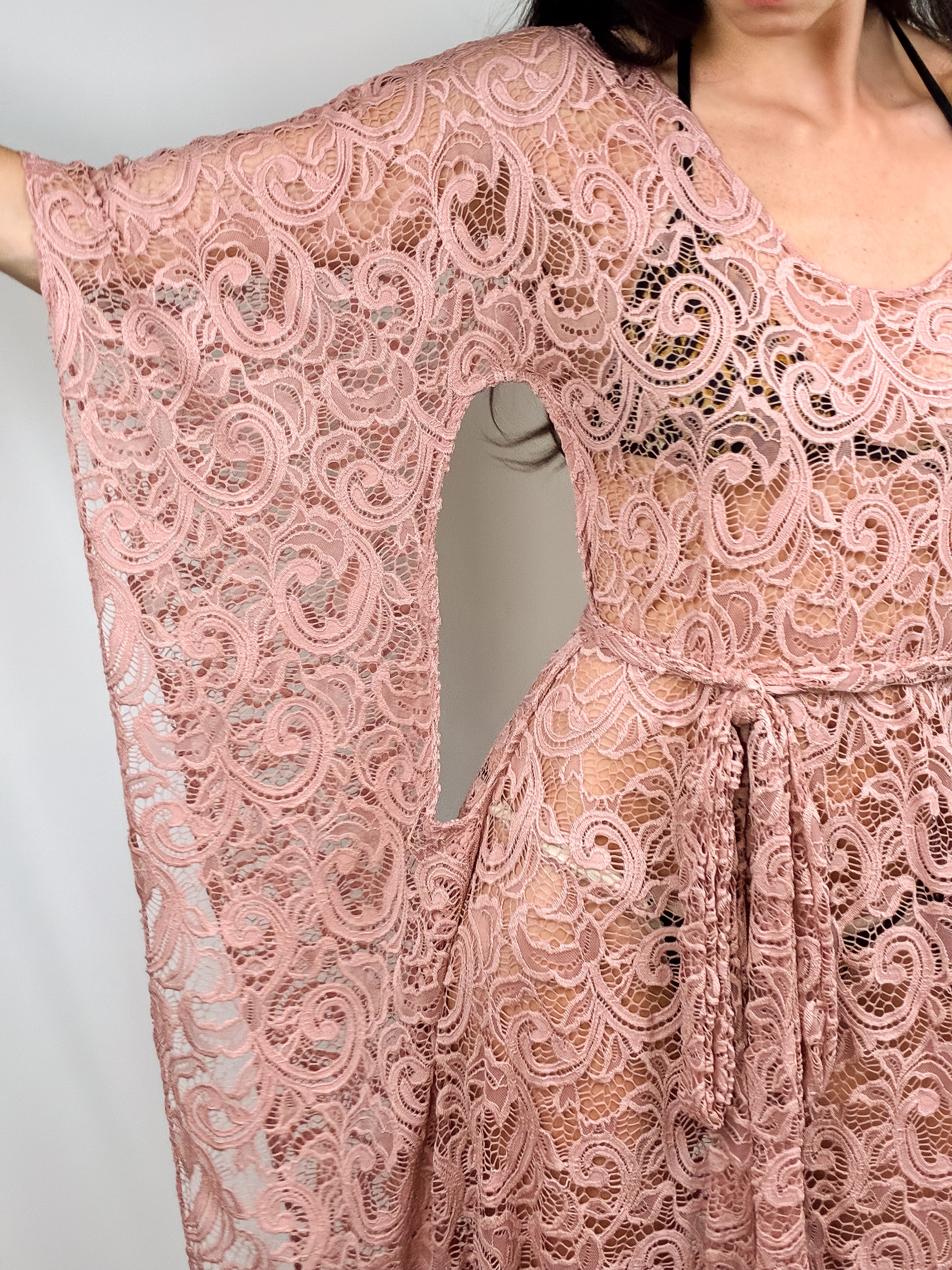 Dusty Rose Crochet Lace Bell Sleeve Maxi Dress - S/M