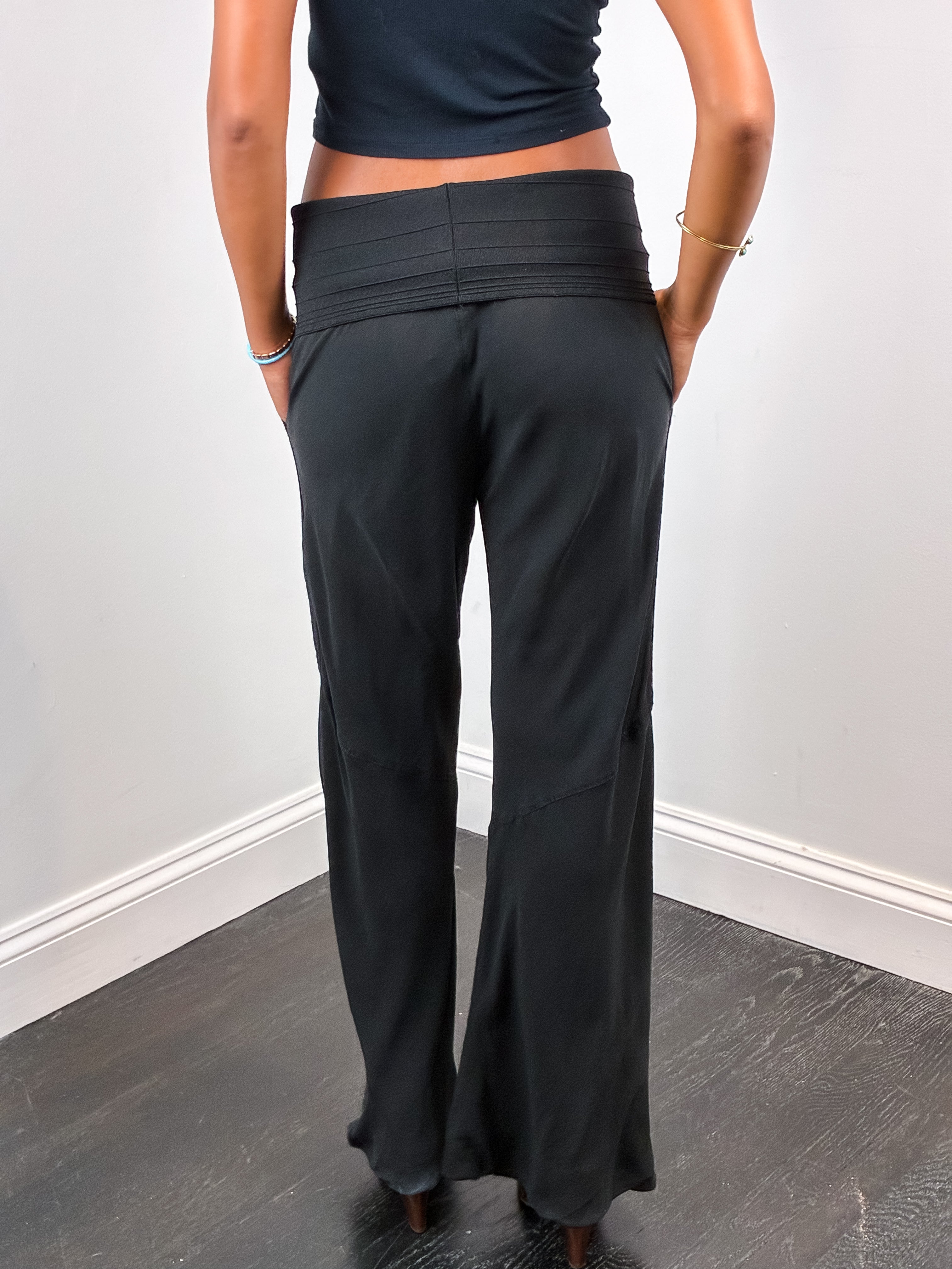 Patrizia Pepe Firenze 2000s Black Silk Fold-Over Waist Wide Leg Trousers - M