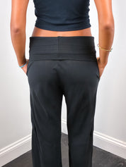Patrizia Pepe Firenze 2000s Black Silk Fold-Over Waist Wide Leg Trousers - M