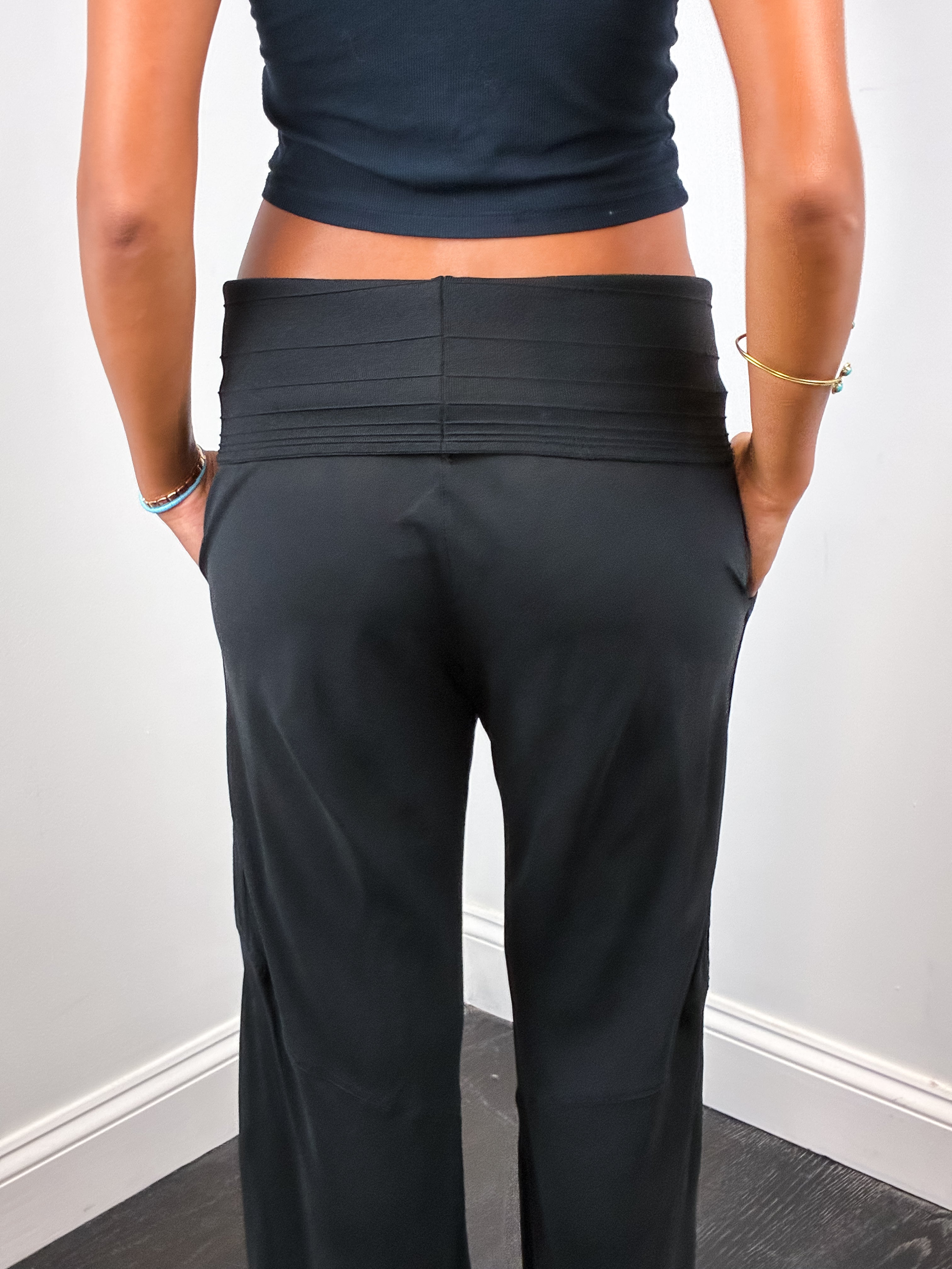 Patrizia Pepe Firenze 2000s Black Silk Fold-Over Waist Wide Leg Trousers - M