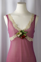 Blumarine 2000s Sheer Pink Slip Dress with Lace & Floral Detail