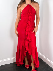 Ralph Lauren 2000s Red Silk Ruffle Halter Gown - XS/S