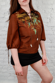 Roberto Cavalli Brown Lace-Up Jungle Blouse
