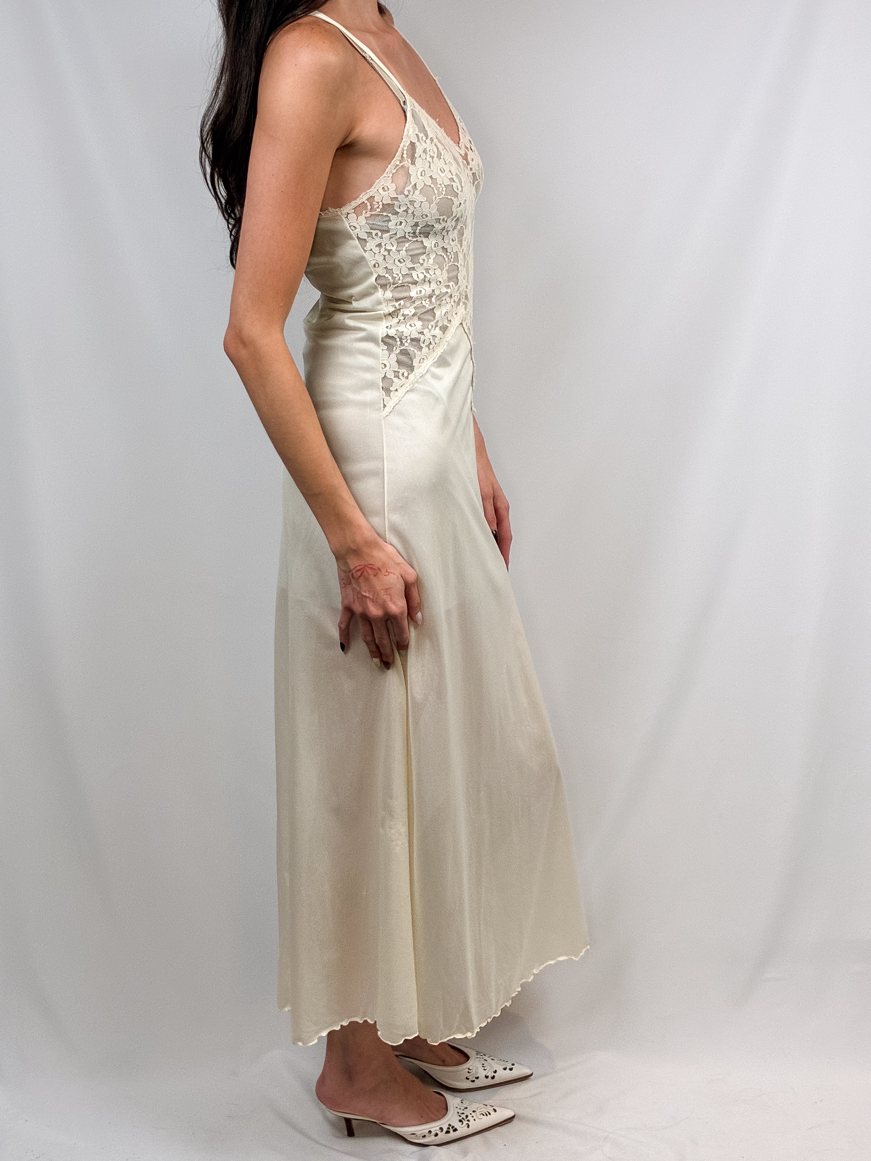Beau Monde 1950s-1960s Cream Floral Lace Bodice Slip Maxi Dress - S