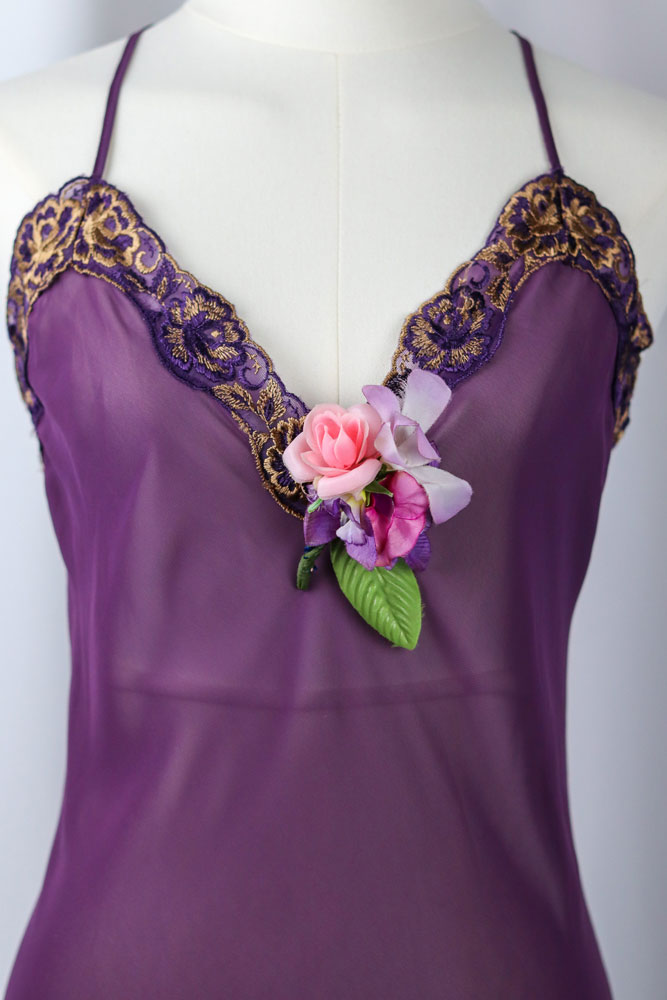 Blumarine 2000s Sheer Plum Lace Slip with Floral Appliqué