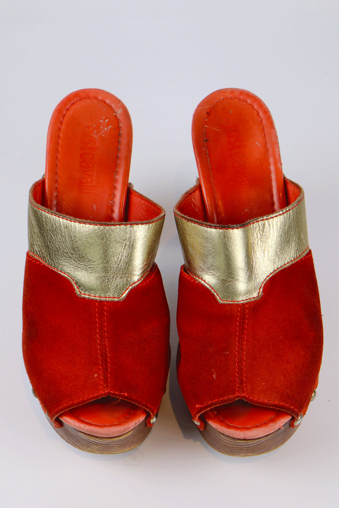 Just Cavalli 2000s Red Suede & Gold Leather Platform Clogs
