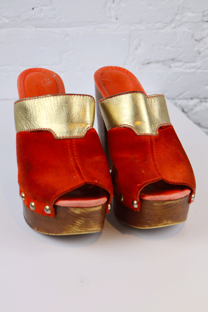 Just Cavalli 2000s Red Suede & Gold Leather Platform Clogs