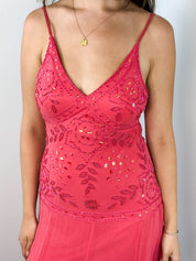 2000s Coral Beaded Handkerchief Slip Dress - S/M