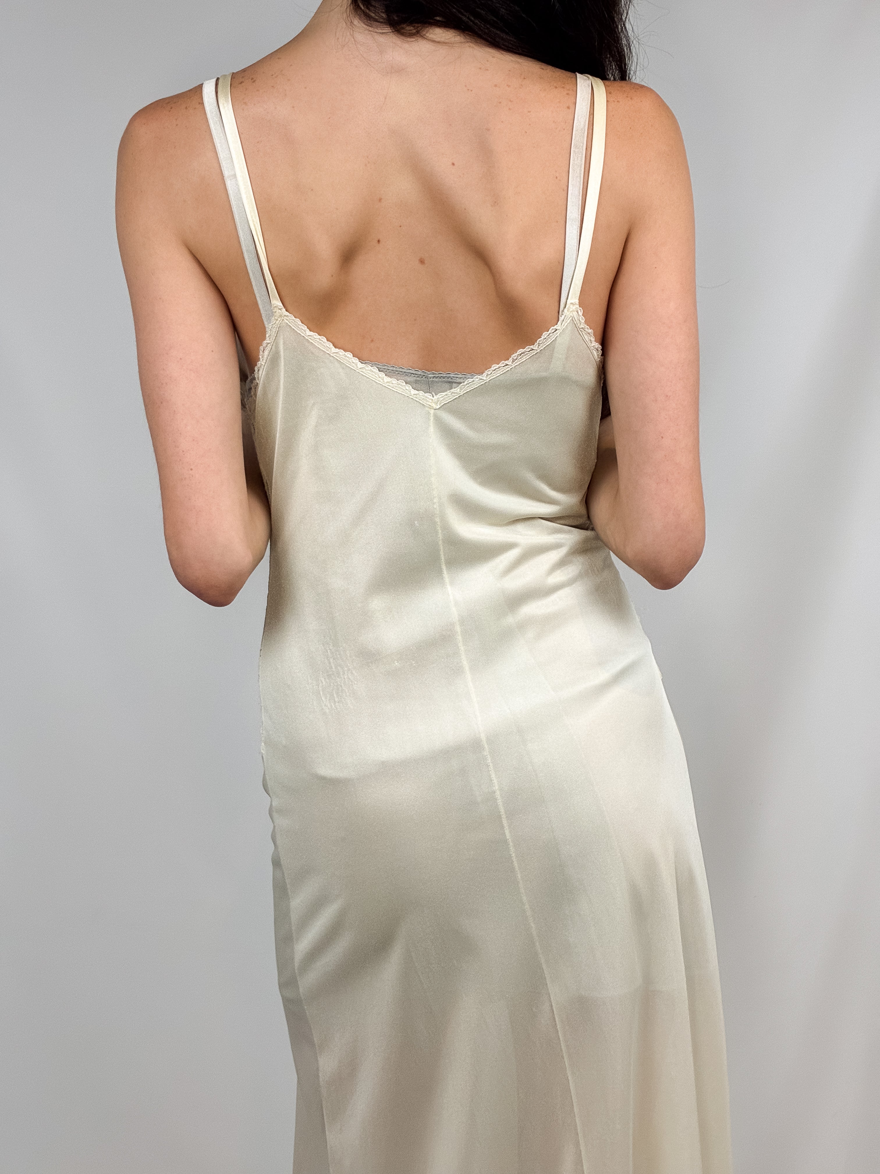 Beau Monde 1950s-1960s Cream Floral Lace Bodice Slip Maxi Dress - S