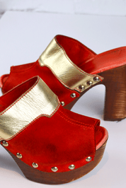 Just Cavalli 2000s Red Suede & Gold Leather Platform Clogs