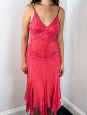 2000s Coral Beaded Handkerchief Slip Dress - S/M