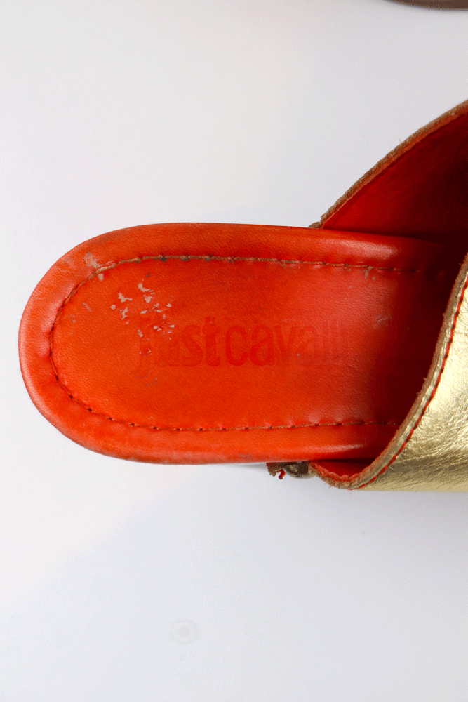 Just Cavalli 2000s Red Suede & Gold Leather Platform Clogs
