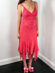 2000s Coral Beaded Handkerchief Slip Dress - S/M