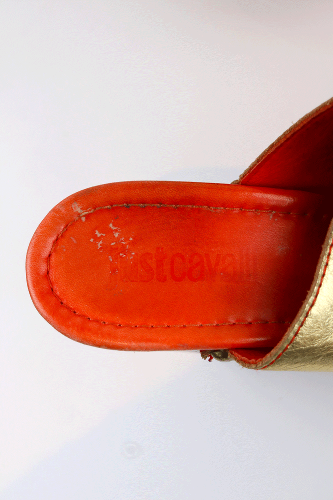 Just Cavalli 2000s Red Suede & Gold Leather Platform Clogs