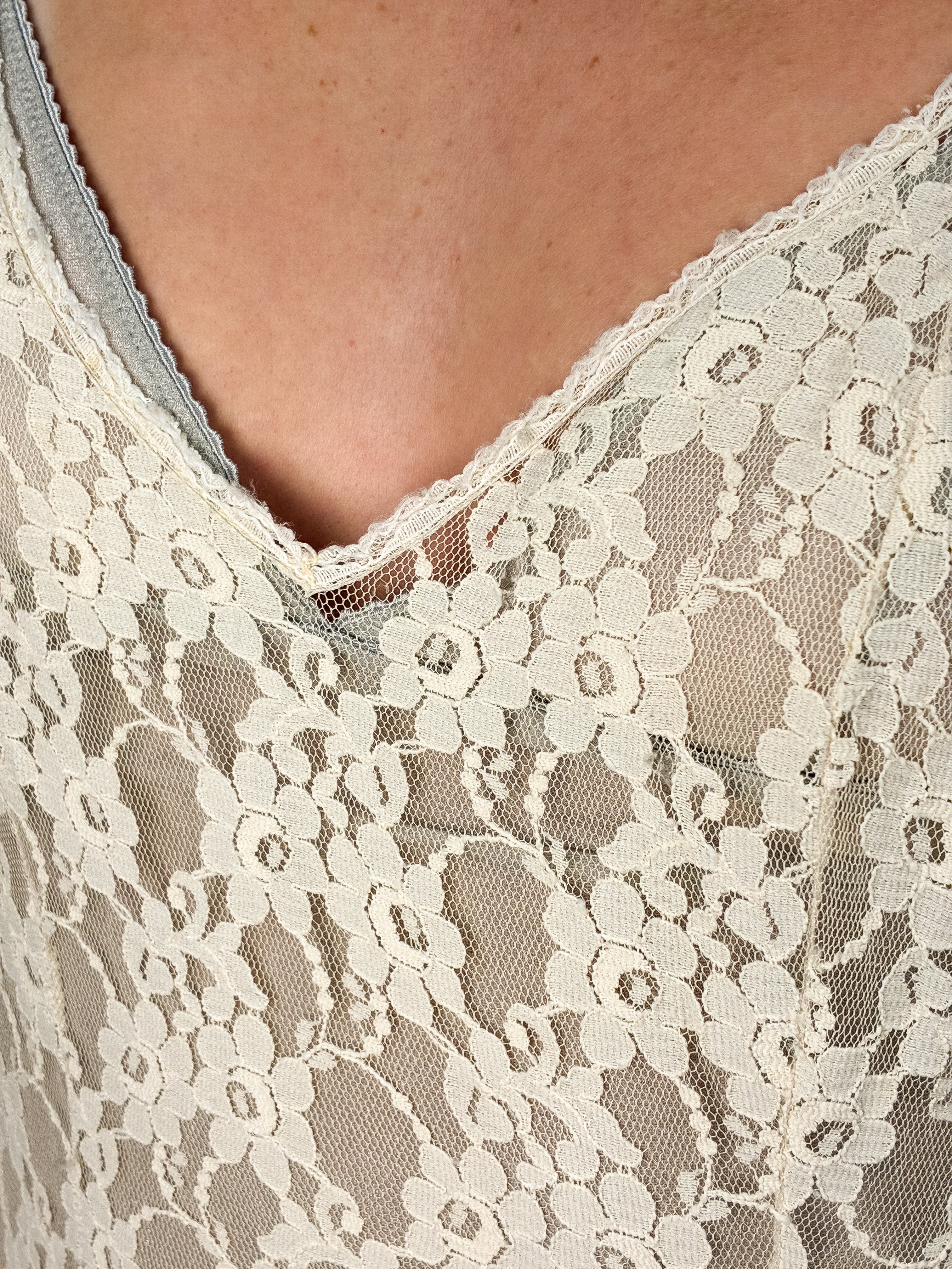 Beau Monde 1950s-1960s Cream Floral Lace Bodice Slip Maxi Dress - S