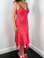 2000s Coral Beaded Handkerchief Slip Dress - S/M
