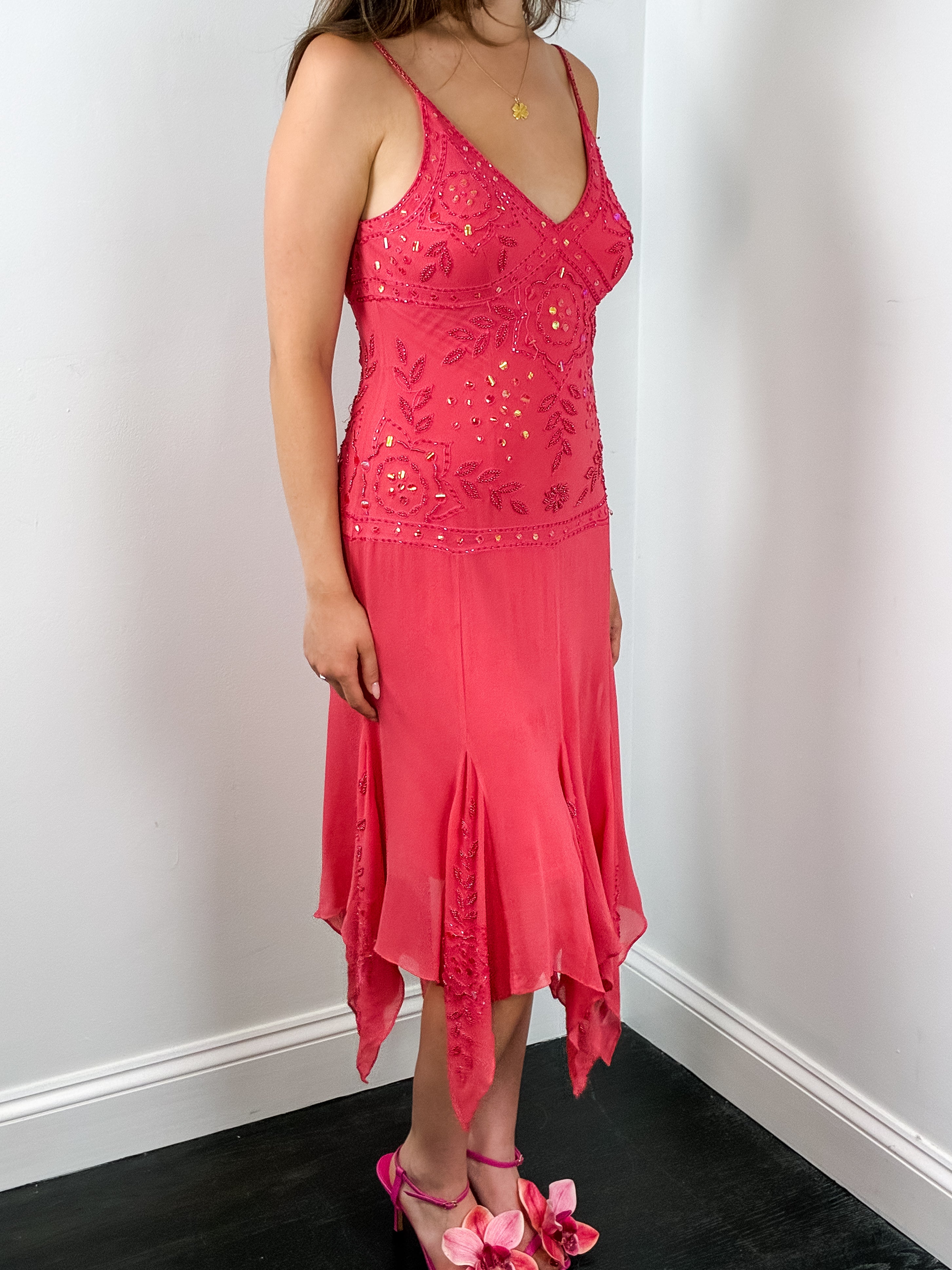 2000s Coral Beaded Handkerchief Slip Dress - S/M