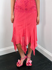 2000s Coral Beaded Handkerchief Slip Dress - S/M