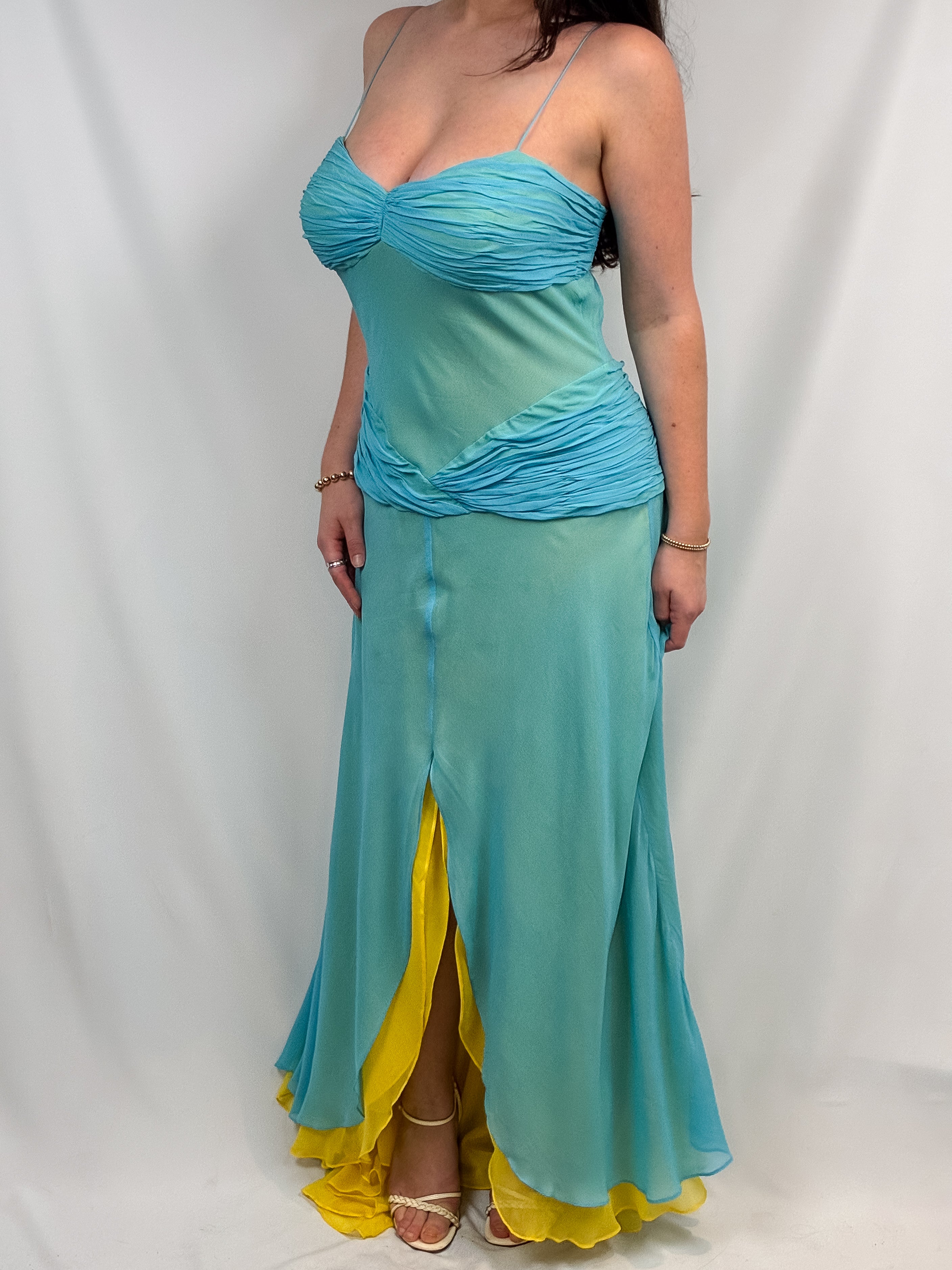 Liz Elana 2000s Turquoise & Yellow Silk Chiffon Gown - M/L