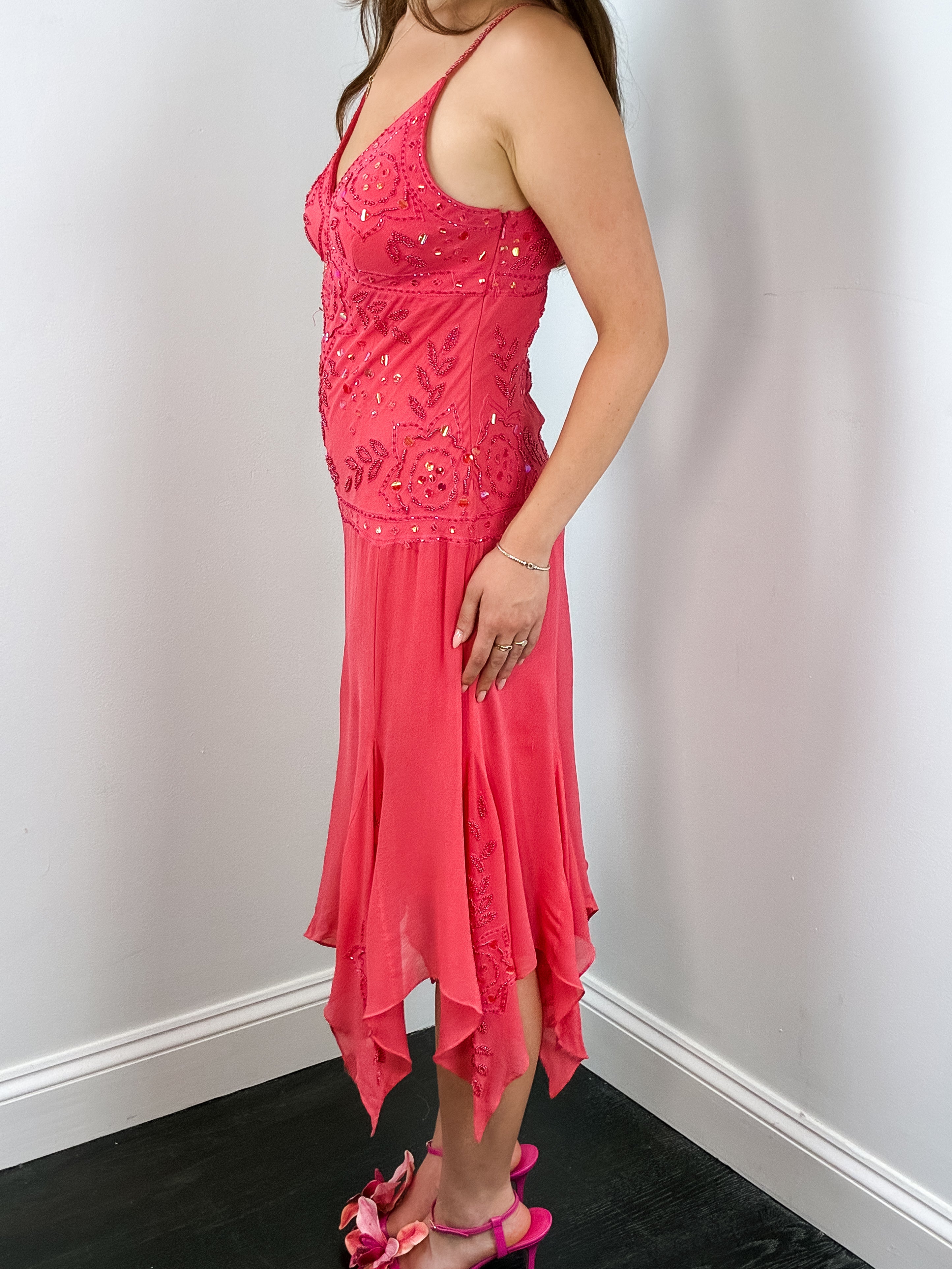 2000s Coral Beaded Handkerchief Slip Dress - S/M