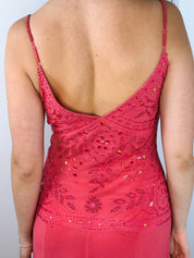 2000s Coral Beaded Handkerchief Slip Dress - S/M