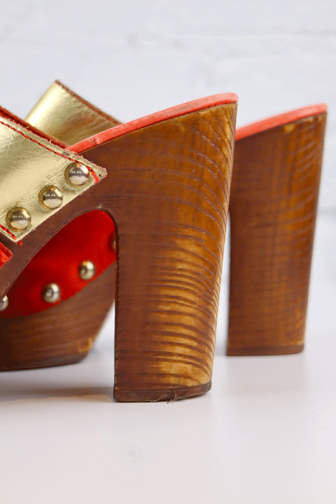 Just Cavalli 2000s Red Suede & Gold Leather Platform Clogs